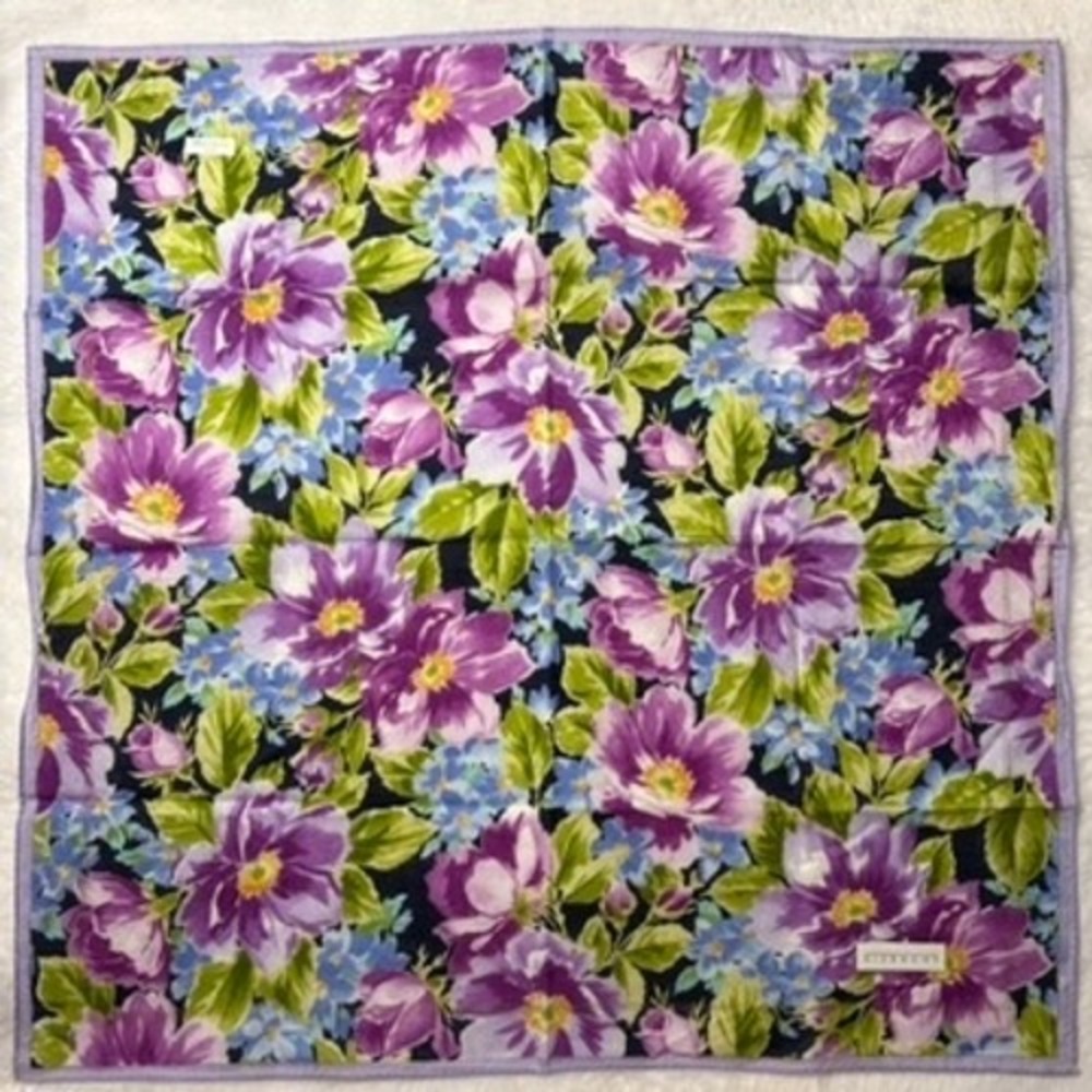 Vtg GIVENCHY Scarf Handkerchief Floral Cotton Purple Blue 18.5"